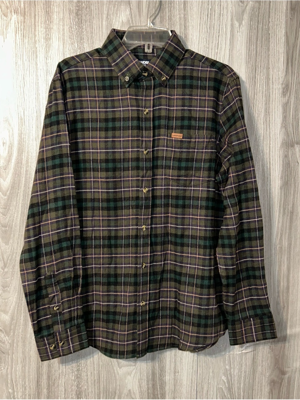 Lands End Men's Green Flannel Plaid Button-Down Shirt Medium